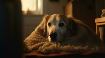 en hund gapande och curling upp för en tupplur i en mysigt håla foto