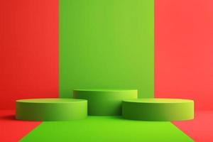 Bakgrund 3d för åtlöje upp podiet för produktpresentation, röd och grön bakgrund, tolkning 3d foto