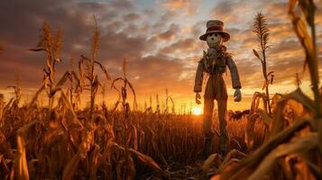 person i en vete fält en scarecrow stående lång i pittoresk landsbygden, omgiven förbi gyllene fält och färgrik solnedgång, ai-genererad foto