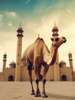 eid al Adha mubarak hälsning med kamel och moské, eid mubarak foto