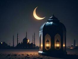 dekorativ arabicum lykta med brinnande ljus lysande på natt. muslim helig månad ramadan kareem foto