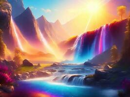 vibrerande fantasi landskap med bergen flod vattenfall Sol strålar genererad förbi ai foto