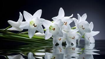 några av vit våt påsk lilja blommor och blöta i de vatten och några vatten droppar, reflektera på de vatten. ai genererad foto