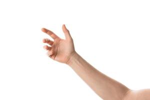 man handen håller, ta tag eller fånga något objekt, hand gest. isolerad på vit bakgrund. foto
