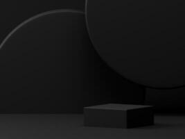 3d tolkning elegant svart tema produkt monter visa piedestal eller podium med cirkel vägg panel på tömma bakgrund. 3d attrapp illustration foto