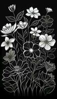 svart och vit blommig mönster med löv, blomma buketter. vit blommor och svart bakgrund. ai genererad foto