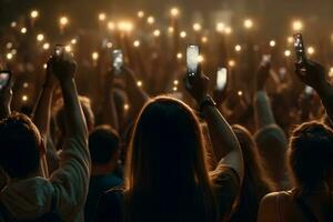 en folkmassan av människor på en leva händelse, konsert eller fest innehav händer och smartphones upp ,generativ ai foto