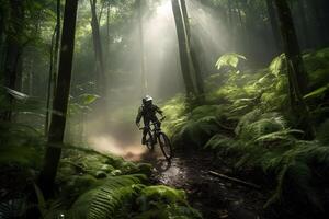 montain cykel tävlings på tropisk skog ,generativ ai foto