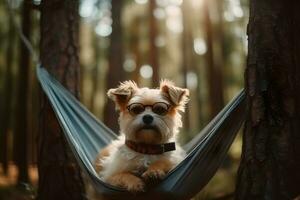 söt hund är Sammanträde på en hängmatta i en tall skog ,generativ ai foto