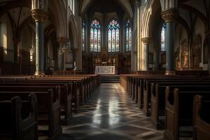 klassisk kyrka interiör främre se ,generativ ai foto