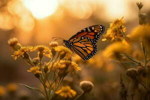 ai genererad elegant monark fjäril uppflugen på en blomma i en lugn trädgård med en dimmig soluppgång i de bakgrund foto