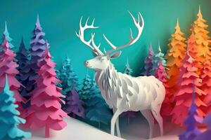 ai genererad majestätisk älg stående i en snöig äng i jul träd. färgrik papper konst. foto
