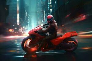 ai genererad hög hastighet jaga genom en trogen stad, med en röd och svart Färg schema och en person bär en motorcykel hjälm. foto