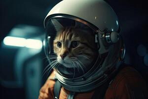 ai genererad nyfiken katt i ett astronaut kostym steg genom en portal, redo till utforska de galax. foto