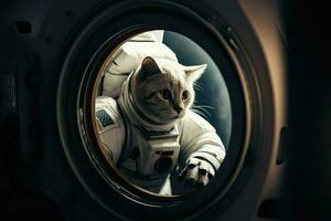 ai genererad nyfiken katt i ett astronaut kostym steg genom en portal, redo till utforska de galax. foto