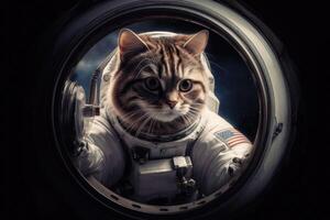 ai genererad nyfiken katt i ett astronaut kostym steg genom en portal, redo till utforska de galax. foto