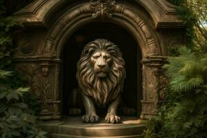 ai genererad majestätisk lejon i en kungens morgonrock steg genom en portal in i en magisk rike. foto