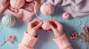 kvinna händer skön närbild, stickning för en nyfödd, crochet.booties, topp se på en mjuk rosa blå beige bakgrund, ömhet, ai genererade.konstgjorda intelligens foto