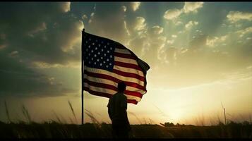 patriotisk Semester innehav de flagga av USA ai genererad foto