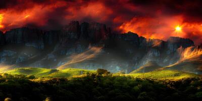 soluppgång över berg landskap natur, röd molnig kky, och solnedgång miljö, ai genererad foto