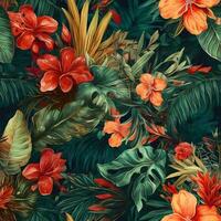sömlös mönster med tropisk blommor och löv. hand dragen vattenfärg illustration. foto
