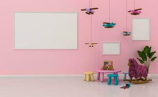 falsk upp barn rum interiör dekorerad, vägg i barn rum med bild ram, 3d tolkning foto