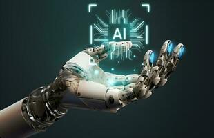 ai humanoid hand innehav ai logotyp på mikrochip hologram, framtida cybernetiska artificiell intelligens teknologi begrepp, generativ ai illustration foto