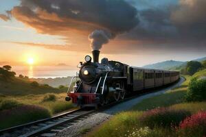 en tåg i de djungel med solnedgång. generativ ai. foto