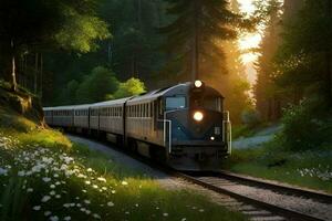 en tåg i de djungel med solnedgång. generativ ai. foto