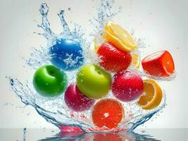 en färsk färgrik gott frukt stänk in i kall vatten isolerat på vit bakgrund. generativ ai. foto