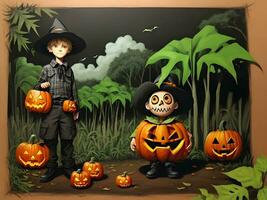 en halloween pumpa med en Skräck pojke i en svart djungel. generativ ai. foto