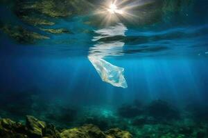 enda plast avfall väska under vatten i de hav skapas med generativ ai teknologi. foto