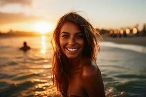 ett attraktiv kvinna på en strand under solnedgång skapas med generativ ai teknologi. foto