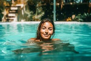 ett attraktiv kvinna i en simning slå samman skapas med generativ ai teknologi. foto