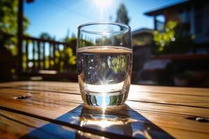 en glas av vatten i de Sol med frätande ljus effekter skapas med generativ ai teknologi. foto