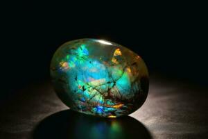 fantastisk opal i ljus ljus på en mörk bakgrund skapas med generativ ai teknologi. foto