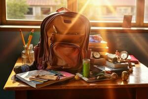 ryggsäck och skola leveranser på de skola skrivbord. generativ ai foto