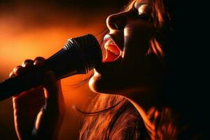 en kvinna sångare med en mikrofon skapas med generativ ai teknologi. foto