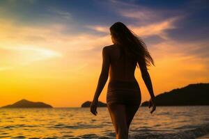 attraktiv kvinna bär en bikini på de strand under solnedgång skapas med generativ ai teknologi. foto