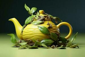 en begrepp med varm te och leafs skapas med generativ ai teknologi. foto