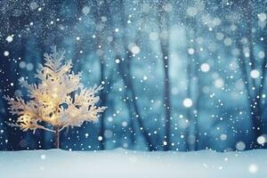 jul vinter- bakgrund med snö suddig bokeh glad Lycklig ny år hälsning kort med kopia Plats ai genererad foto