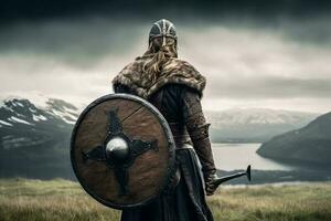 viking krigare med hjälm, bergen i bakgrund, ai genererad foto