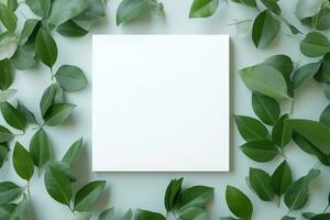 naturlig elegans grön löv och vit fyrkant ram kreativ layout för reklam kort eller inbjudan ai genererad foto