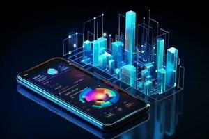 innovativ smartphone Ansökan med företag grafer och analys på isometrisk mobil telefon ai genererad foto