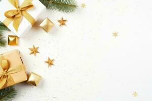 jul och ny år Semester bakgrund med gåvor och hälsning kort ai genererad foto