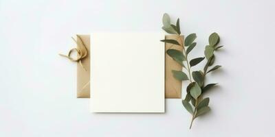 minimalistisk hälsning kort attrapp med delikat torr eukalyptus löv - topp se på en rena vit bakgrund, ai genererad foto