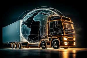 lastbil snabb leverans global logistik lastbilstransporter varor tvärs över de värld lastbil logistik för internationell frakt, ai genererad foto