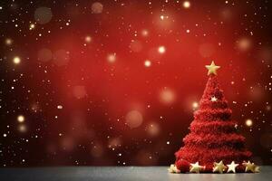 jul prakt xmas träd och bokeh lampor på röd duk bakgrund ai genererad foto