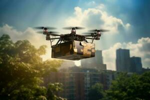 trogen Drönare leverans revolutionerande företag luft transport med obemannad flygplan robotar, paket flygande genom de luft av en Drönare ai genererad foto