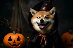 shiba hund är en häxa. shiba i halloween kostym. generativ ai foto